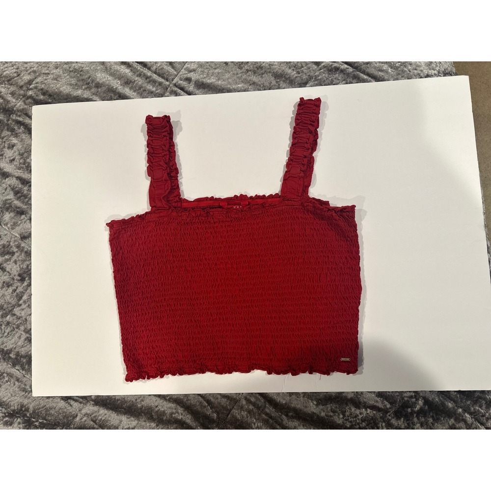 Guess Smocked Ruffle Strap Crop Top Women's Size XL Red Y2K